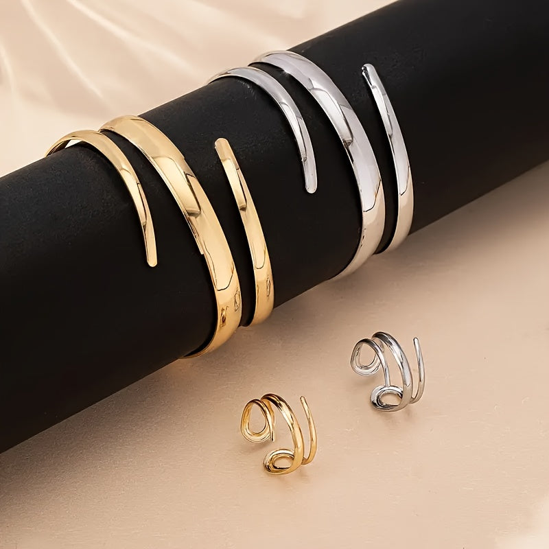 1set (1 Geometric Line Golden Bracelet And 1 Geometric Line Thick Ring) European And American Style Vintage Fashionable Bracelet And Thick Ring Combination Set for Women's Casual Attire, Various Holidays, Social Gatherings, A